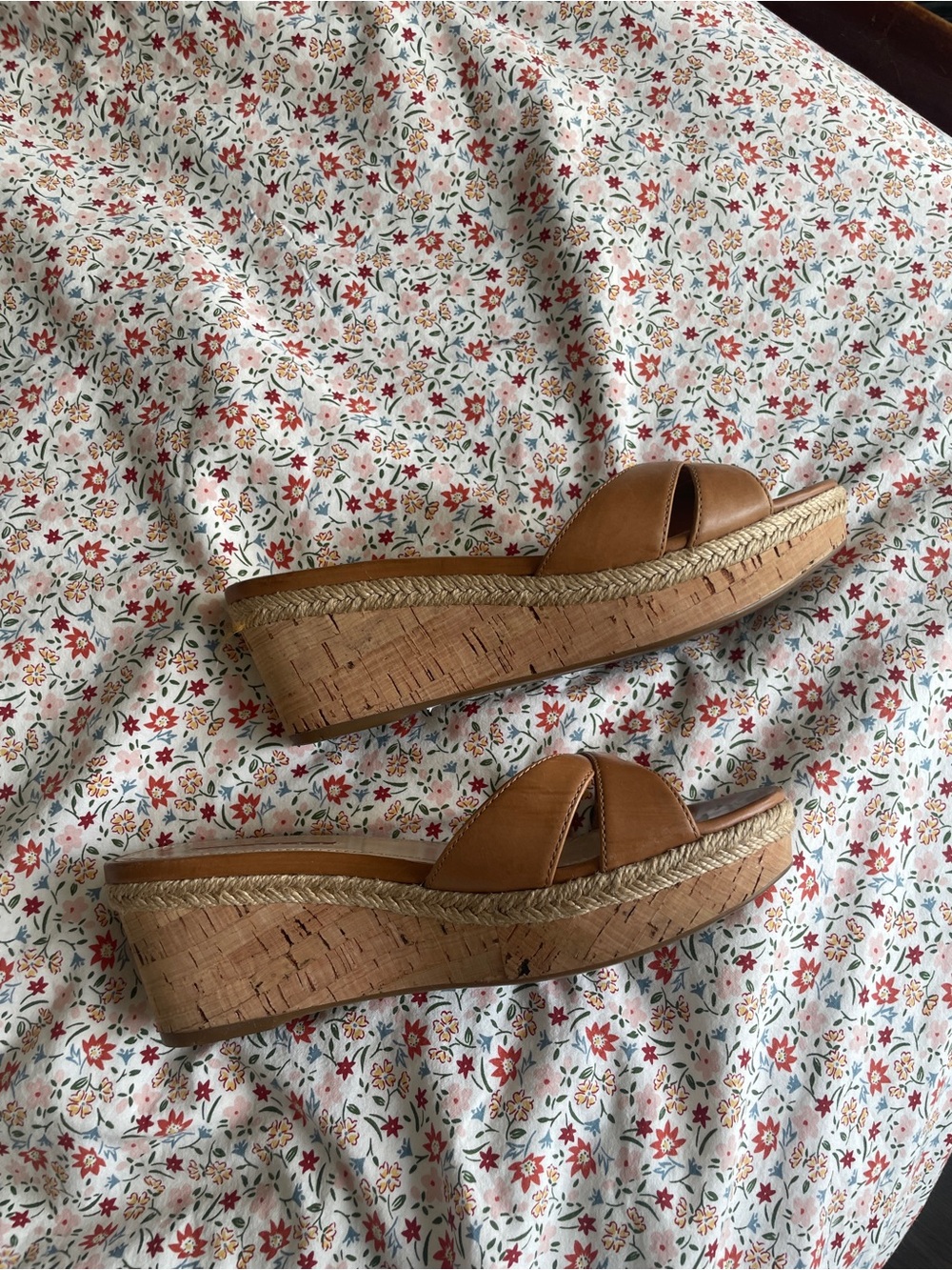Y2K Vintage Prada Tan Leather Cork Wedge Slide Sandals Size 36 - Picture 2 of 7
